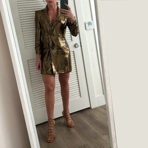Iconic Zara Gold Metallic Sequin Shoulder Pad Blazer Dress